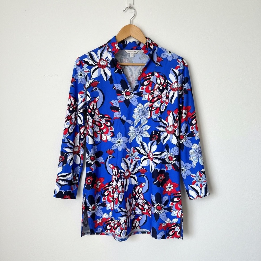 Jude Connally Chris Tunic Top Shirt Twirling Peacock Cobalt Blue Red White Large